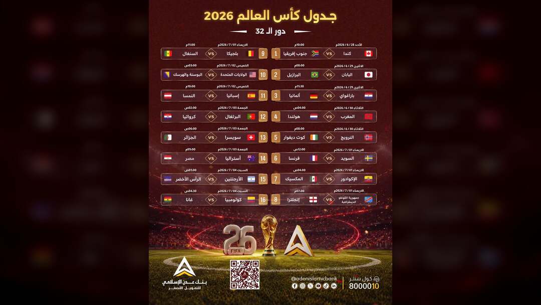 بنك عدن الإسلامي للتمويل الأصغر ينشر جدول مباريات كاس العالم الدور 32