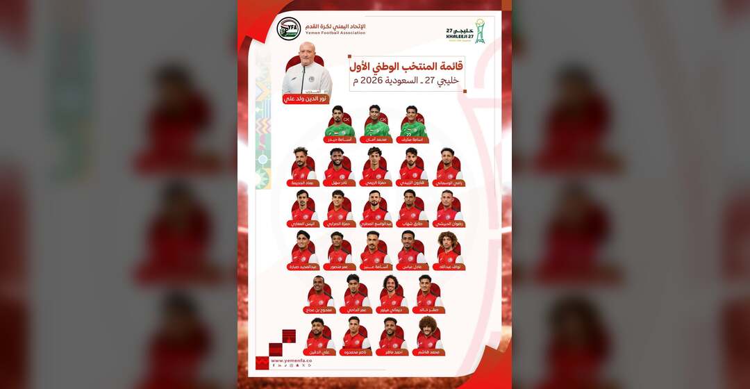 القائمة النهائية للمنتخب الوطني الأول لكرة القدم المشاركة في خليجي27 (ملصق)