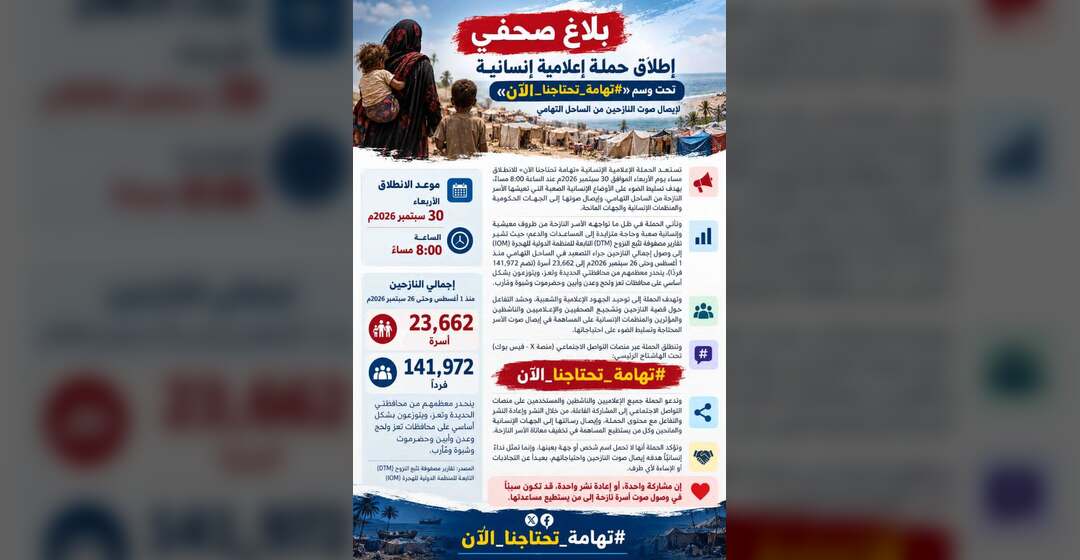 إطلاق حملة إعلامية إنسانية تحت وسم «تهامة تحتاجنا الآن» لإيصال صوت النازحين من الساحل التهامي